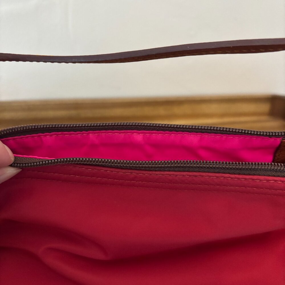 Dooney & Bourke Red Nylon Brown Leather Pouchette Mini Bag - Picture 8 of 12